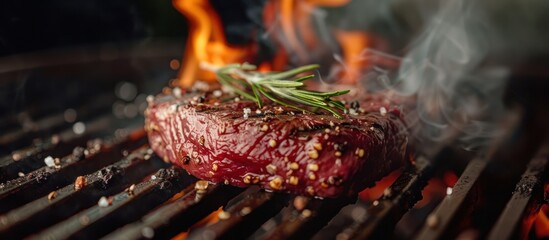 A steak sizzles and cooks on a grill, surrounded by intense flames, creating a charred and...