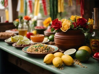 Obraz na płótnie Canvas Cinco de Mayo, sombrero rests on a table next to a bowl of green limes