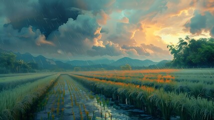 Use AI to craft an image that conveys the intensity of a rice field in the presence of a storm, highlighting the beauty of the agricultural landscape amidst the tempest attractive look