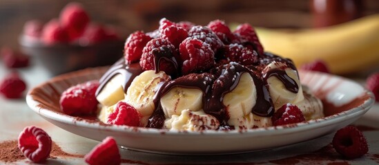 A bowl filled with creamy vanilla ice cream topped with fresh raspberries and drizzled with rich...