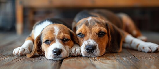 A small beagle puppy and an older siberian husky are laying down on a wooden floor.