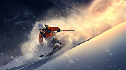 A skier racing down a slope, snow spraying in their wake. - obrazy, fototapety, plakaty