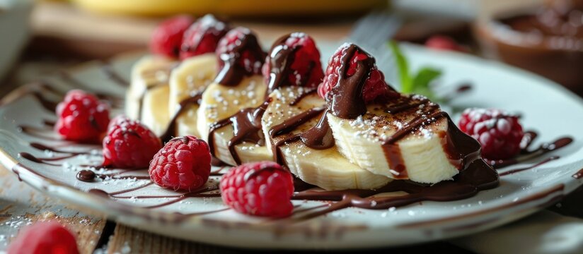 A white plate holds banana split dessert with ripe bananas and fresh raspberries on top, creating a colorful and tempting display.