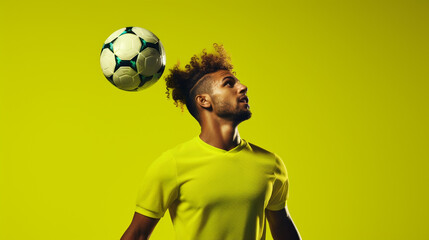 A soccer player executing a perfect header, set against a vivid lime green backdrop. - obrazy, fototapety, plakaty