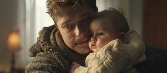 A man tenderly holds a baby in his arms, showcasing a heartwarming moment of paternal care. - obrazy, fototapety, plakaty