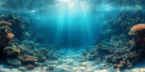 Exploring the depths, an underwater world emerges: a serene expanse of azure, teeming with life.
