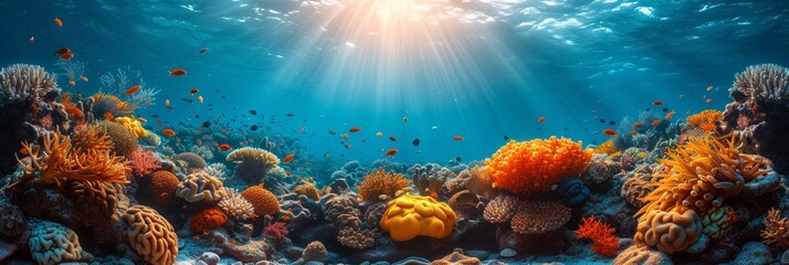 Exploring the depths, vibrant coral reefs teem with marine life in the crystal-clear blue waters. - obrazy, fototapety, plakaty