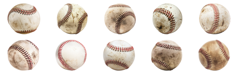 Worn and scuffed baseball collection showcasing the history of the game cut out on transparent background