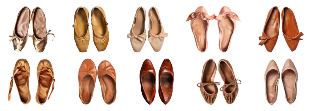 Chic and comfortable women's flat shoe collection in elegant brown and tan shades cut out on transparent background