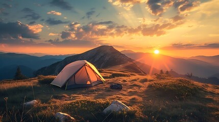 a serene campsite with a tent situated on a mountain ridge, illuminated by the warm colors of the setting sun attractive look - obrazy, fototapety, plakaty