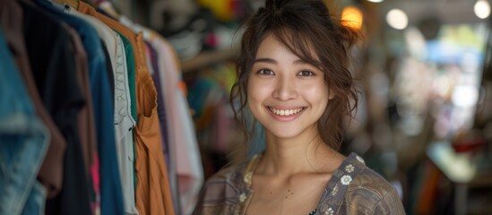 Fototapeta premium A young Chinese woman confidently smiles as she stands in front of a rack filled with various pieces of clothing.
