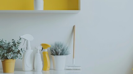 realistic photos showcasing white-themed cleaning tools and a diligent worker ensuring pristine homes