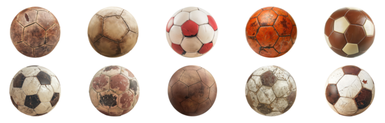 Vintage collection of soccer balls showcasing the timeless spirit of the sport cut out on transparent background