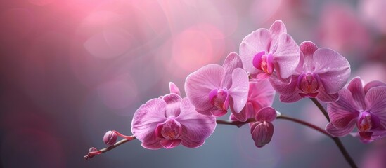 Detailed view of a pink orchid flower against a blurred background, showcasing its intricate petals...