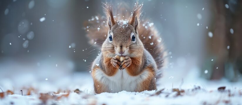 A wild squirrel standing in the snow, holding a nut in its paws and eating it.
