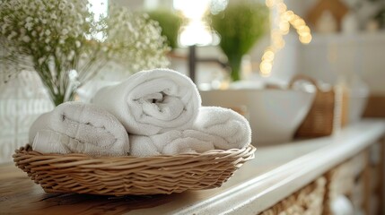 Fototapeta na wymiar Wicker basket with white towels on table in bathroom. Space for text