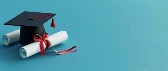 graduation cap and diploma on blue background for education concept design with copy space Generative AI