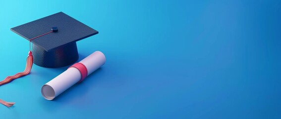Fototapeta na wymiar graduation cap and diploma on blue background Copy space for text Generative AI