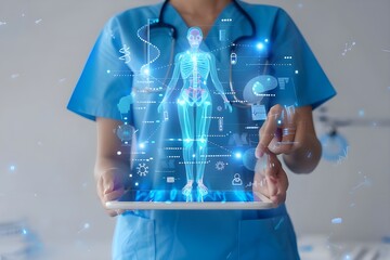 a nurse holds an iPad with holographic medical icons with a digital screen showing illustrations of human body anatomy.