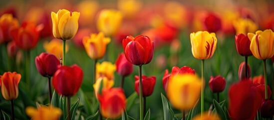 A field filled with vibrant red and yellow tulips in full bloom, creating a stunning display of colors under the bright sunlight.