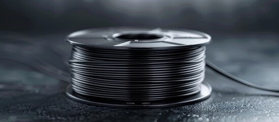 A black spool of wire is placed on top of a table, with its dark color contrasting the light surface. The wire is neatly wound around the spool, creating a simple yet striking visual.