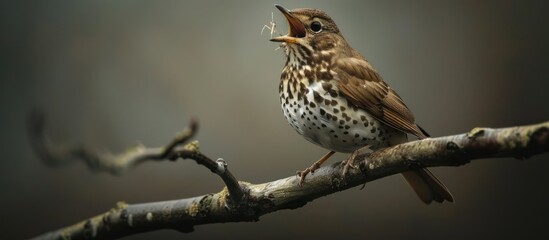 Fototapeta premium A song thrush, scientifically known as Turdus philo, sits atop a tree branch. The birds brown and white feathers stand out against the natural backdrop.