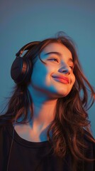 A stunning girl casting a glance sideways, headphones adorning her head, against a minimalist solid-colored background, real photo, stock photography generative ai