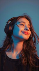 Fototapeta premium A stunning girl casting a glance sideways, headphones adorning her head, against a minimalist solid-colored background, real photo, stock photography generative ai