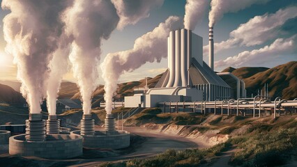 A realistic depiction of a geothermal power plant - obrazy, fototapety, plakaty