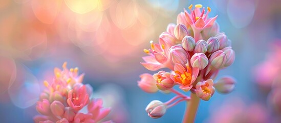 Detailed close-up of a vibrant pink rhubarb flower with a blurred background. - Powered by Adobe