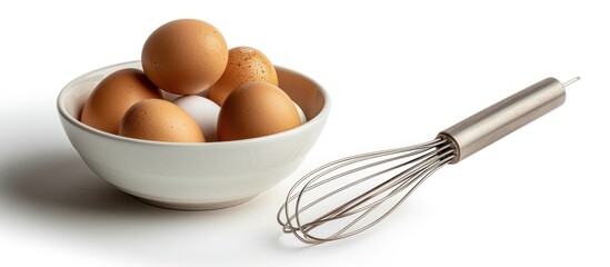 A white ceramic bowl filled with fresh eggs sits beside a metal whisk on a kitchen counter.