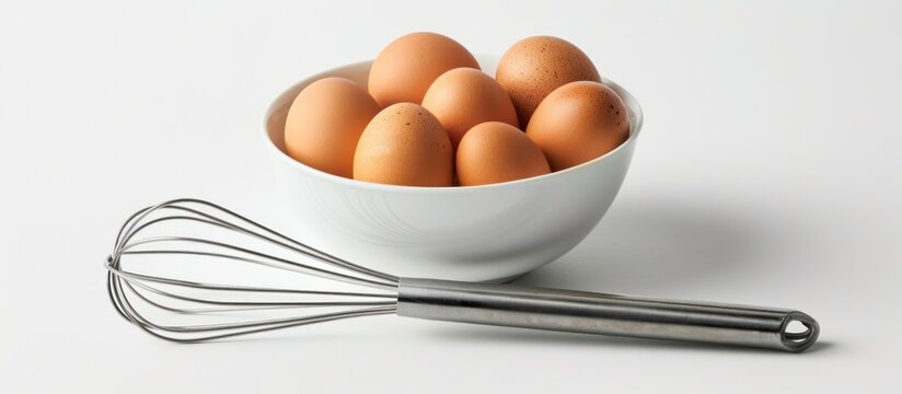 A white bowl filled with eggs sits next to a whisk on a plain white background. The eggs are ready to be whisked for cooking or baking.