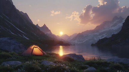 a serene moment in nature with a tent set against a mountain backdrop, illuminated by the fading light of the sun as it sets attractive look