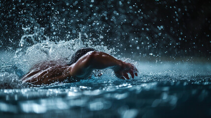 A swimmer mid-stroke, water droplets illuminated by neon blue, against a dark grey background.