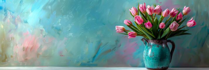 Pastel Tulips Bouquet in Artisanal Blue Vase Against Abstract Background