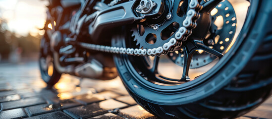 Detailed close-up of a motorcycles rear tire and chain, showcasing the intricate design and texture of the rubber tire and metal chain components. - obrazy, fototapety, plakaty