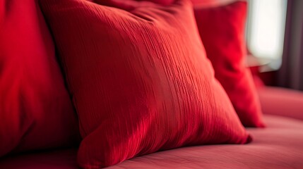  Close up of a red fabric sofa, macro photography focusing on the texture and color contrast between different parts of the couch