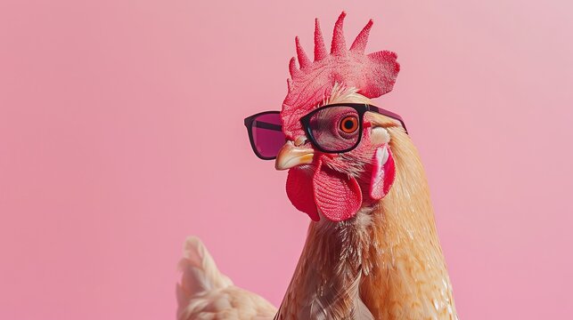 A playful and colorful photograph , showcasing a chicken hen with vibrant sunglasses against a vivid pastel background, exuding a sense of fun and eccentricity generative ai images