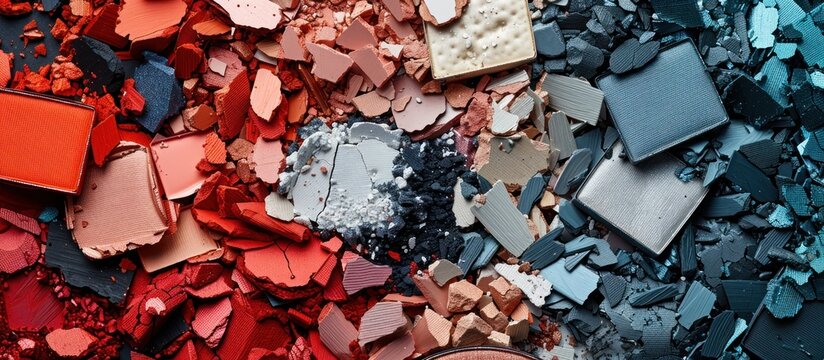 Close up view of a vibrant and assorted pile of makeup pieces, showcasing a colorful array of cosmetics.