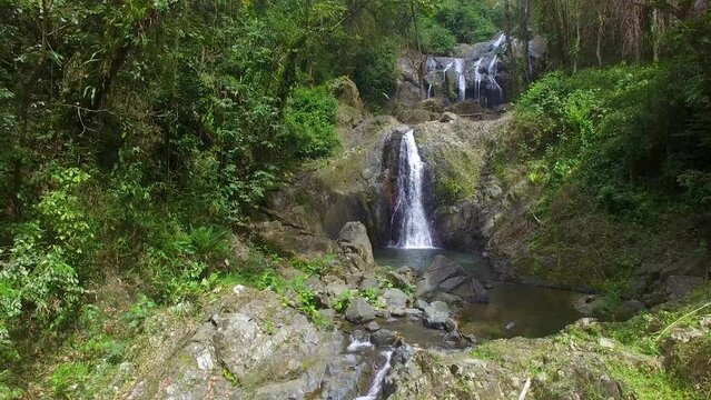 Argyle Waterfall, Roxborough, Tobago. Aerial drone push-in shot.