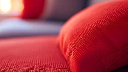  Close up of a red fabric sofa, macro photography focusing on the texture and color contrast between different parts of the couch