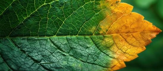 Fototapeta premium Detailed view of a single green and yellow leaf, showcasing its intricate veins and vibrant colors under natural light.