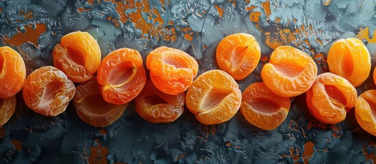 Apricots that are sweet and dried arranged neatly on a kitchen counter ready to be eaten or used for cooking. - obrazy, fototapety, plakaty
