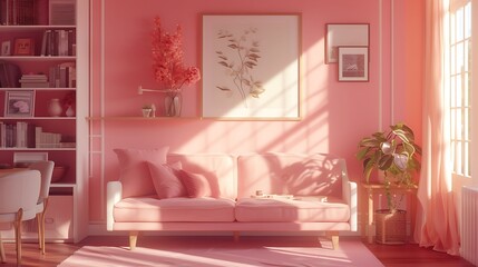 a soothing pink living room interior with AI, focusing on creating a tranquil and relaxing space attractive look