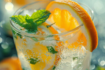 A glass of sparkling water with a slice of orange on top