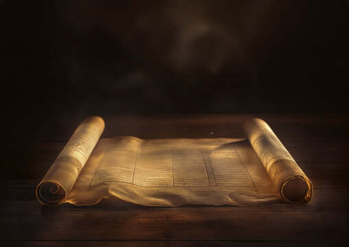 Ancient Revelations. Upon a wooden table, an unfurled parchment displays holy verses from the Torah or Pentateuch, central to Judaism or Christianity, its ancient words inscribed on timeworn parchment