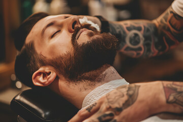 A skilled barber meticulously grooms a man's mustache in a chair, showcasing precision and expertise in facial hair styling