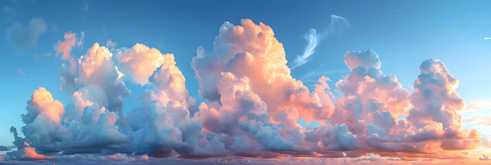 A scenic view of beautiful cumulus clouds at sunset in the panoramic blue sky