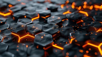 Obraz premium A 3D illustration of dark hexagonal shapes with glowing edges, presenting a futuristic vibe, abstract render generative ai images