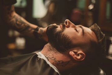 A skilled barber meticulously grooms a man's mustache in a chair, showcasing precision and expertise in facial hair styling